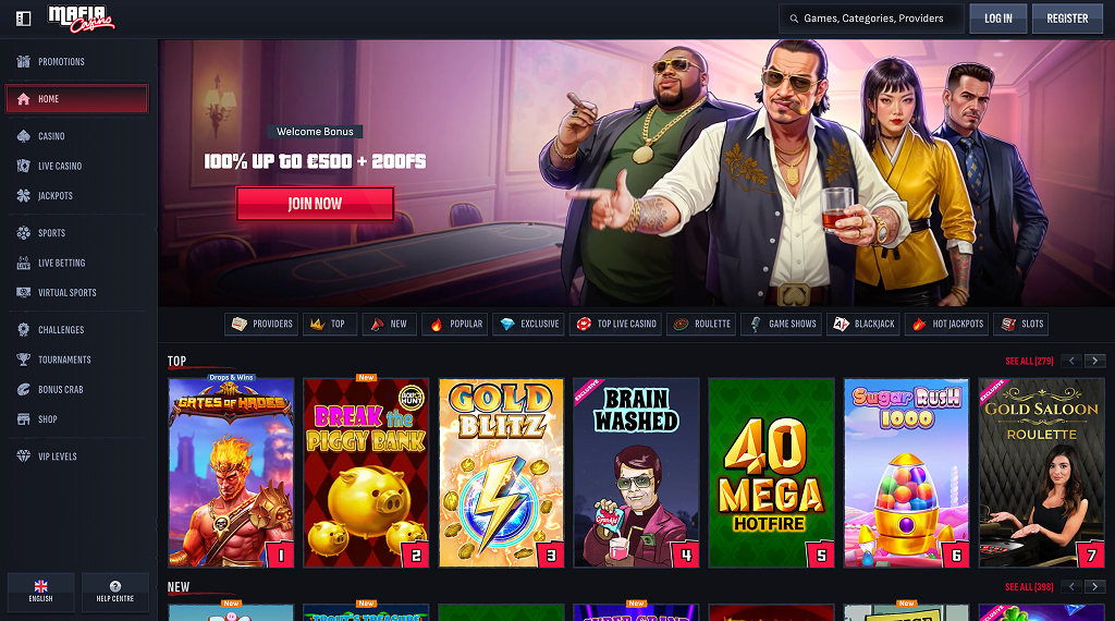 MafiaCasino Lobby mit Slots und Live-Spielen